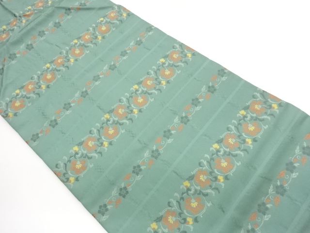 Nagoya obi with floral arabesque pattern in horizontal stripes (framed tailoring